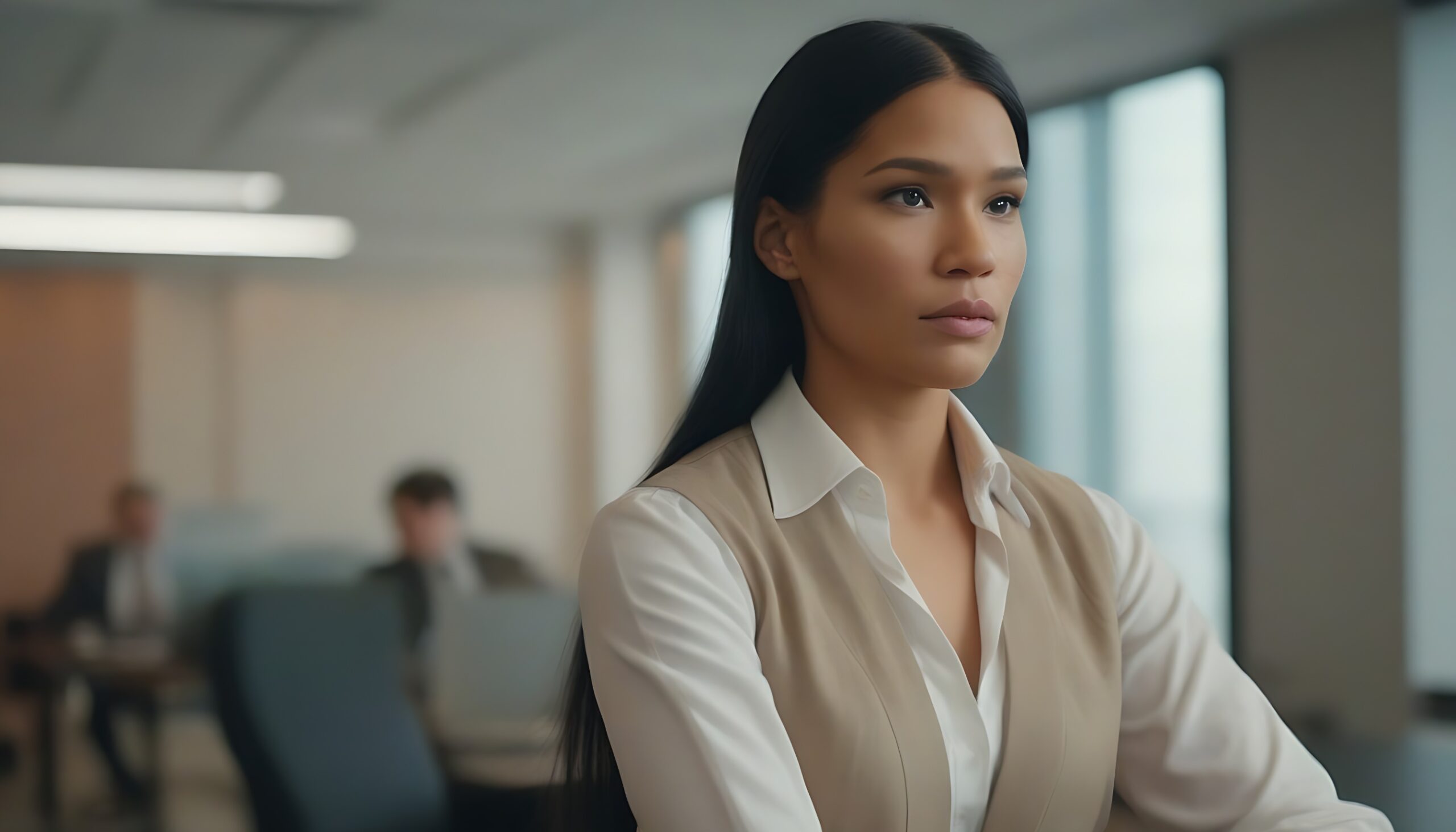 Home pocahontas as a modern day corporate boss with a bit of androgyny